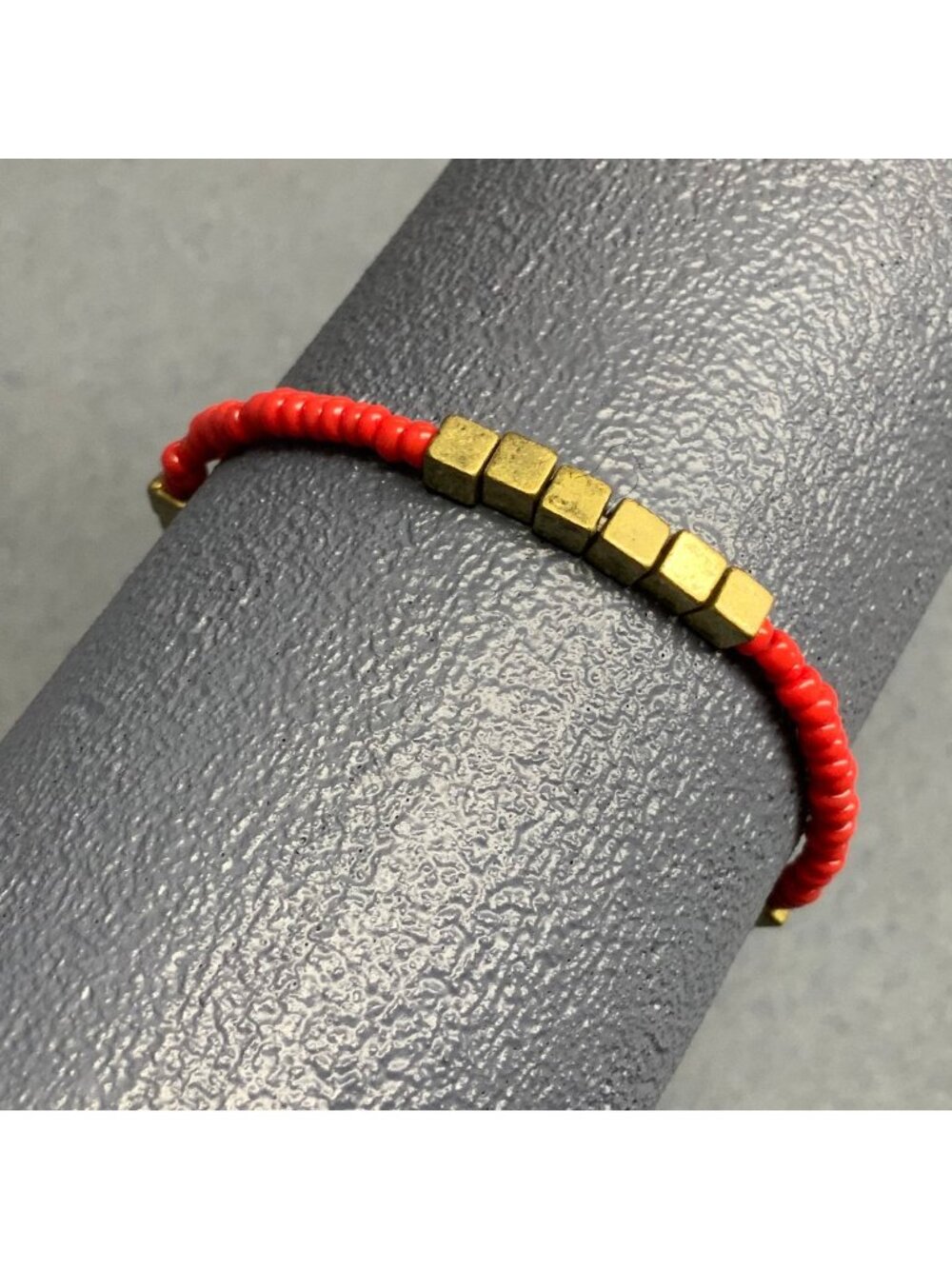Cube Seed Bead Stretch Bracelet 7 In Bright Gold Orangey Red Retro Vintage Boho